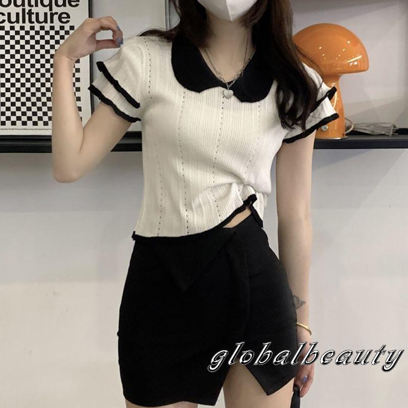 Áo Thun Dệt Kim Tay Ngắn Cổ Búp Bê Màu Sắc Tương Phản Thời Trang Dành Cho Nữ