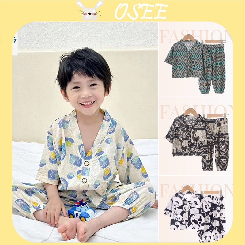 Bộ Đồ Ngủ Vải Lụa Cotton Tay Ngắn Thoáng Mát Thời Trang Xuân Hè Cho Bé Trai