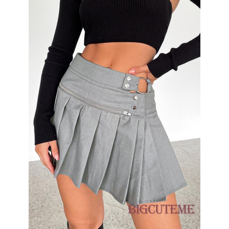 [] - Chân Váy Ngắn Mini Xếp Ly Lưng Cao Màu Trơn Có Vòng Khóa Kéo Phía Trước Cho Nữ