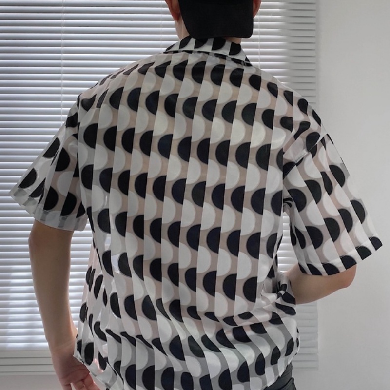 Áo Sơ Mi Ngắn Vải Jacquard Bán Trong Suốt In Họa Tiết Màu Sắc Tương Phản Thời Trang Mùa Hè Cho Nam Và Nữ