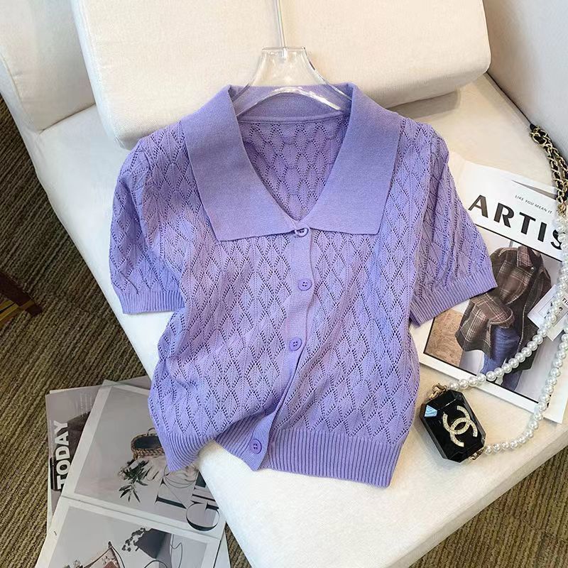 Áo Cardigan Lụa Lạnh Mỏng Tay Ngắn Cổ POLO Thời Trang Mùa Hè Cho Nữ