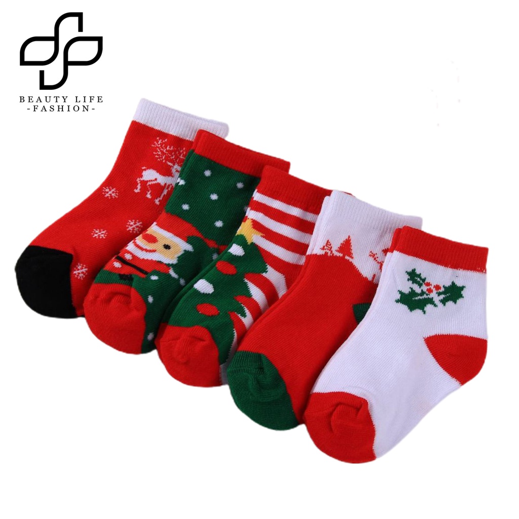 Bộ 5 Đôi Vớ Co Giãn Chống Mòn In Họa Tiết Giáng Sinh Cho Bé Trai Và Gái