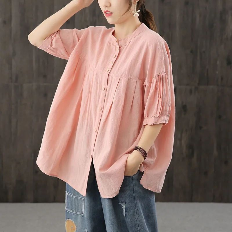 Áo Sơ Mi cotton Lanh Dáng Rộng Màu Trơn Cỡ Lớn Thời Trang Mùa Hè 2023 Cho Nữ