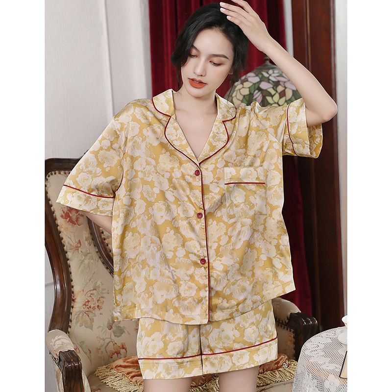 Bộ Đồ Ngủ Tay Ngắn Chất Lụa Lạnh In Họa Tiết Thời Trang Mùa Hè Mới Cho Nữ