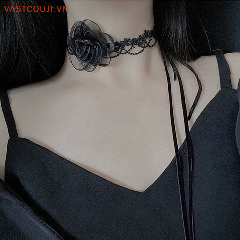 Vòng Cổ Choker Phối Ren Hoa Trà Đen Phong Cách Gothic Quyến Rũ Cho Nữ