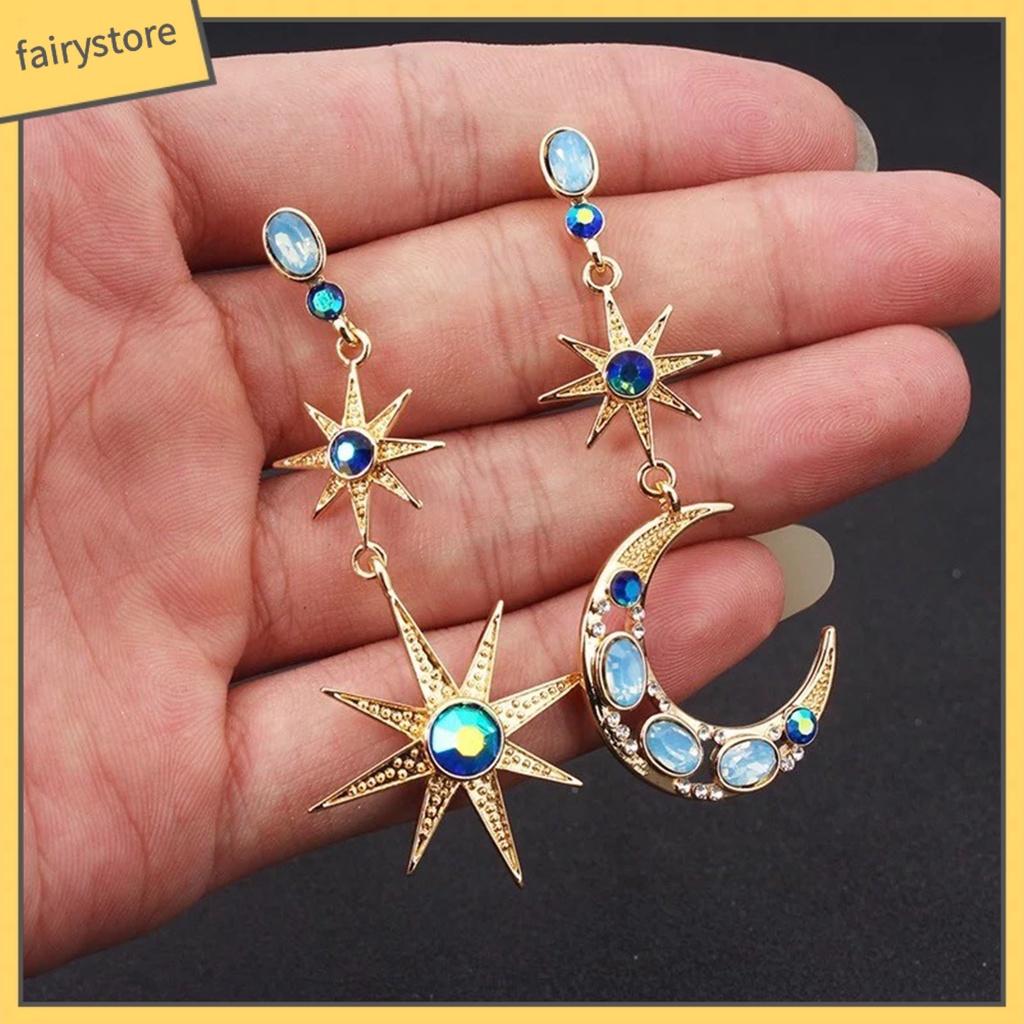 1 Đôi Bông Tai Hình Ngôi Sao / Mặt Trăng Đính Đá Nhân Tạo Thời Trang Dành Cho Nữ