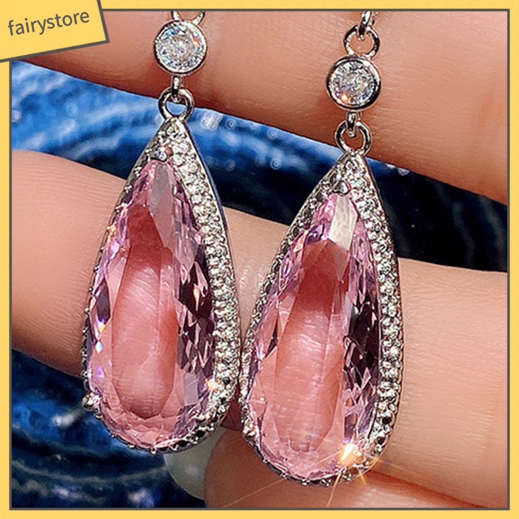 1 Đôi Bông Tai Hình Giọt Nước Bằng Đồng Dát Đá