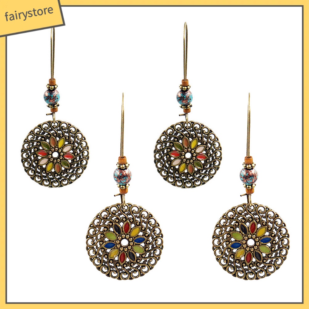 Bông Tai Dáng Dài Mặt Tròn Khắc Họa Tiết Hoa Phong Cách Cổ Điển Thời Trang