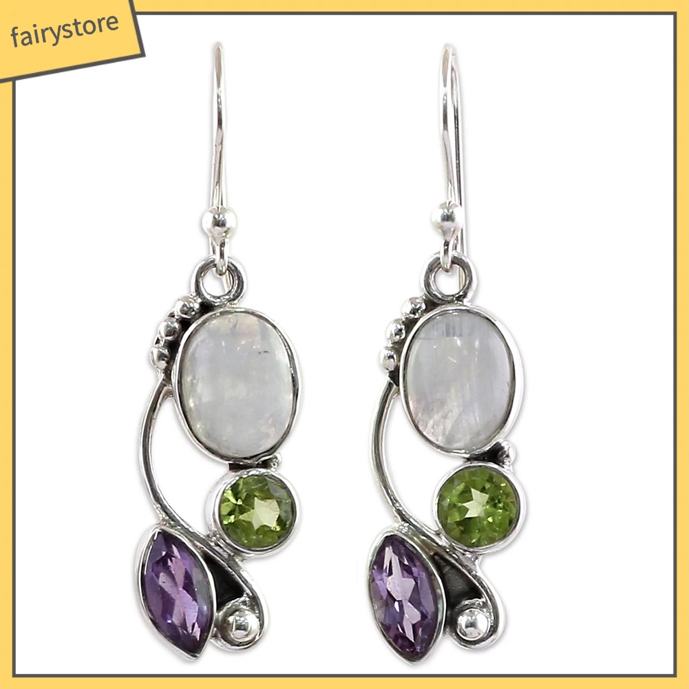 Khuyên Tai Móc Lủng Lẳng Đính Đá Ngọc Lục Bảo Nhân Tạo Tròn Cổ Điển [FRO]