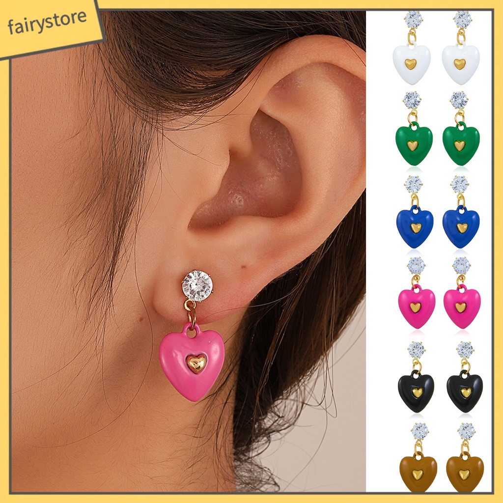 1 Đôi Bông Tai Hình Trái Tim Đính Đá Zircon Màu Sắc Tươi Sáng Dành Cho Nữ