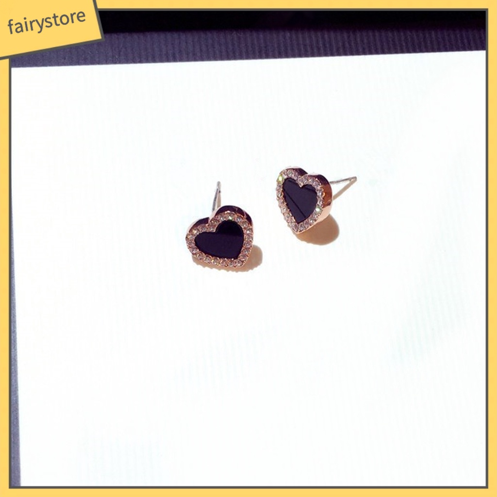 Bông Tai Hình Trái Tim Đính Đá Màu Đen Thời Trang Cho Nữ