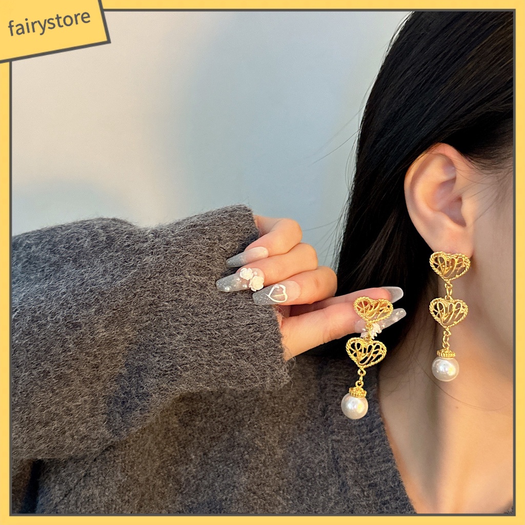1 Đôi Bông Tai Hình Trái Tim Đính Ngọc Trai Giả Mạ Điện Không Gây Dị Ứng Thời Trang