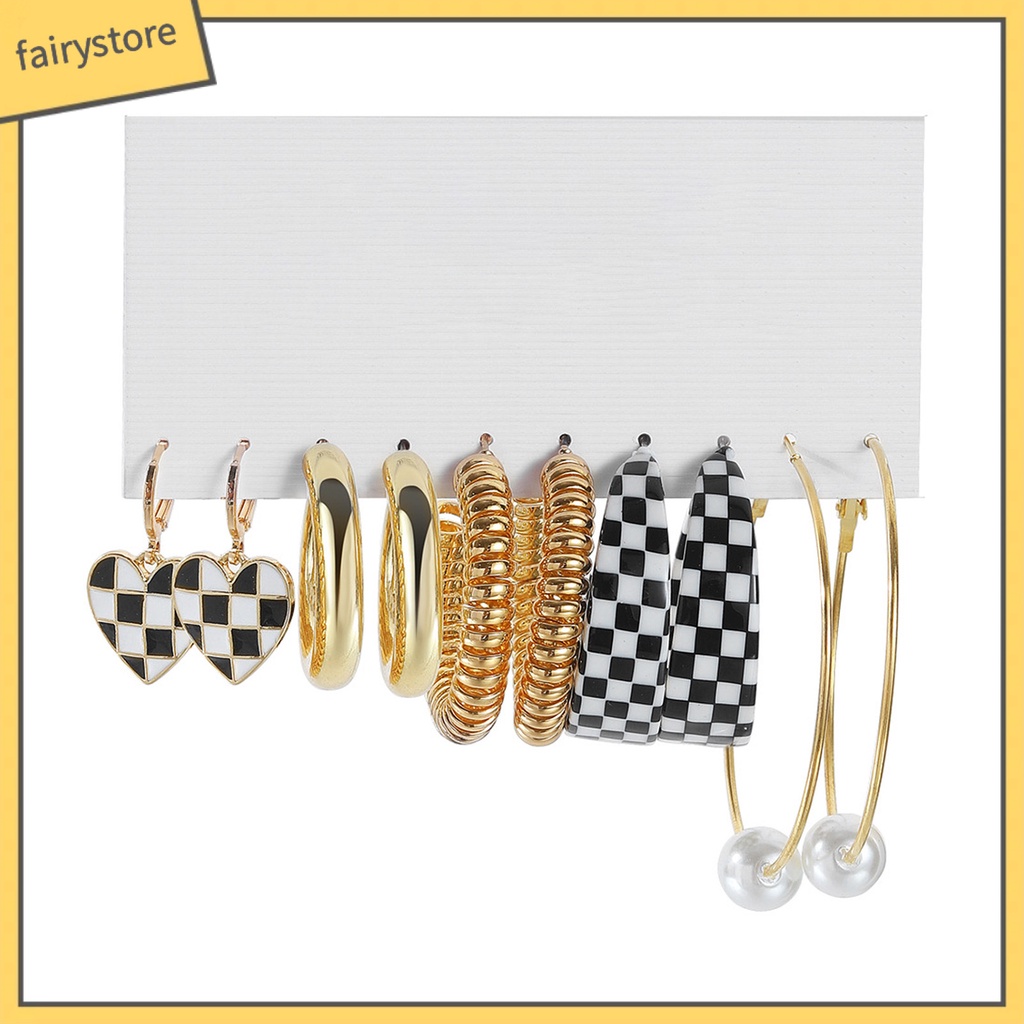 Set 5 Đôi Bông Tai Dạng Vòng Hình Học Họa Tiết Kẻ Ô / Trái Tim / Bướm / Ngọc Trai Giả Màu Trắng Đen Thời Trang Cho