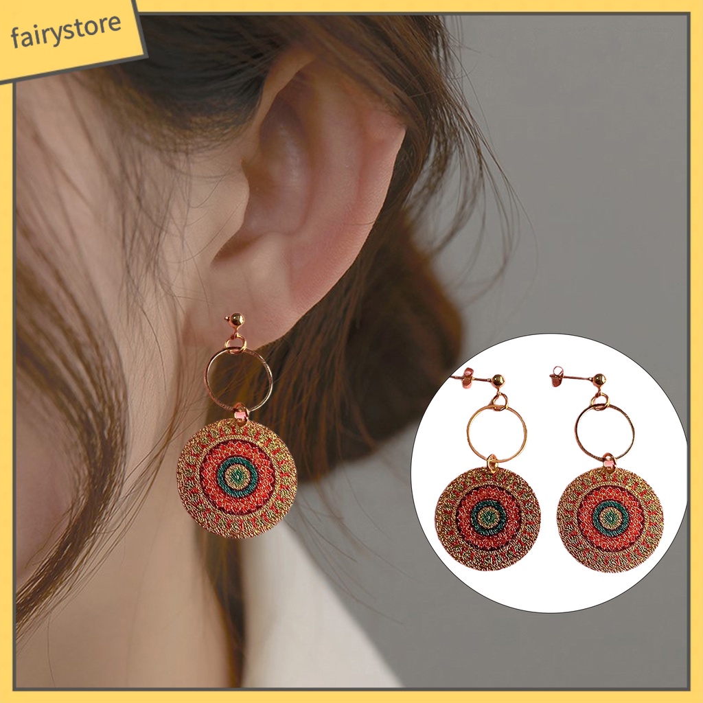 1 Đôi Bông Tai Hình Tròn Mạ Điện Họa Tiết Hình Học Phong Cách Vintage Dành Cho Nữ