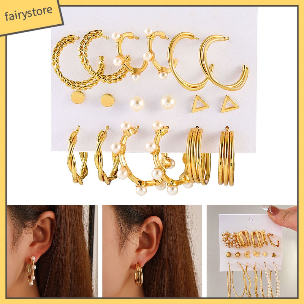 Set 9 Đôi Bông Tai Hợp Kim Dạng Vòng Đính Ngọc Trai Giả Thanh Lịch Cho Nữ