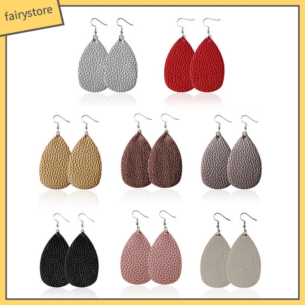 [FRO] Bông Tai Móc Câu Bằng Da Giả Kết Cấu Quả Vải Hình Giọt Nước Cho Nữ