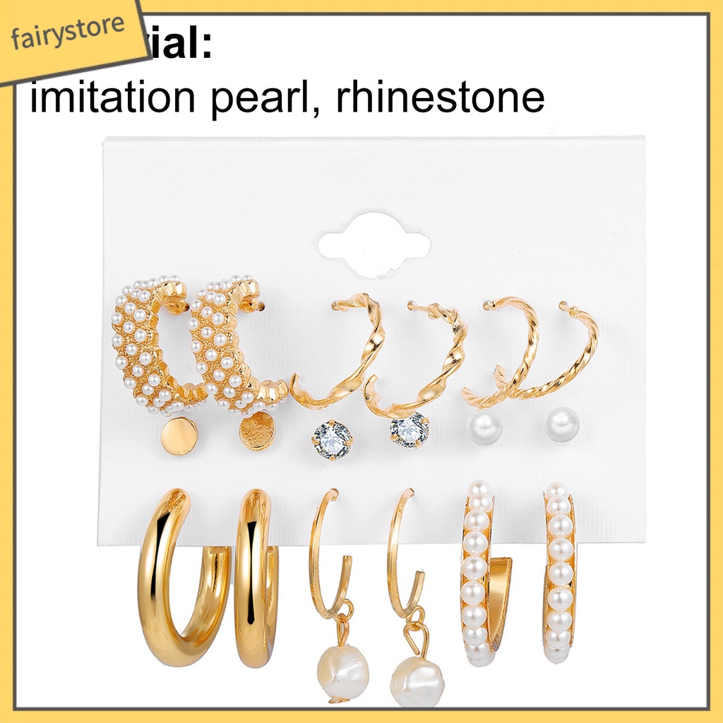 Set 9 Đôi Bông Tai Tròn Đính Đá / Ngọc Trai Giả Thời Trang Cho Nữ