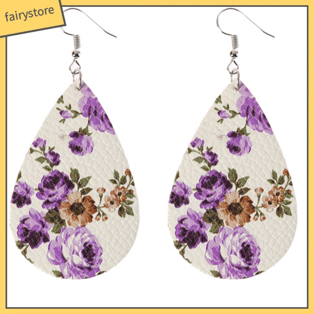 Bông Tai Giả Da Hình Giọt Nước Họa Tiết Hoa Phong Cách Boho Dành Cho Nữ