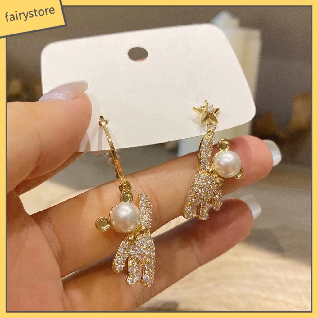 1 Đôi Bông Tai Hình Gấu Hợp Kim Dáng Dài Lấp Lánh Thời Trang Dự Tiệc Dành Cho Nữ