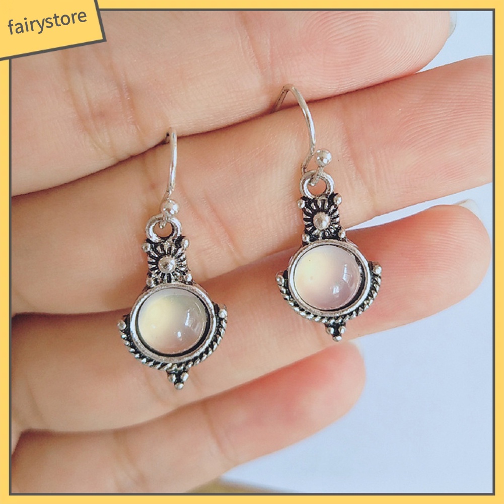 Bông Tai Hình Tròn Đính Đá Mặt Trăng Nhân Tạo Thời Trang Vintage Dành Cho Nữ