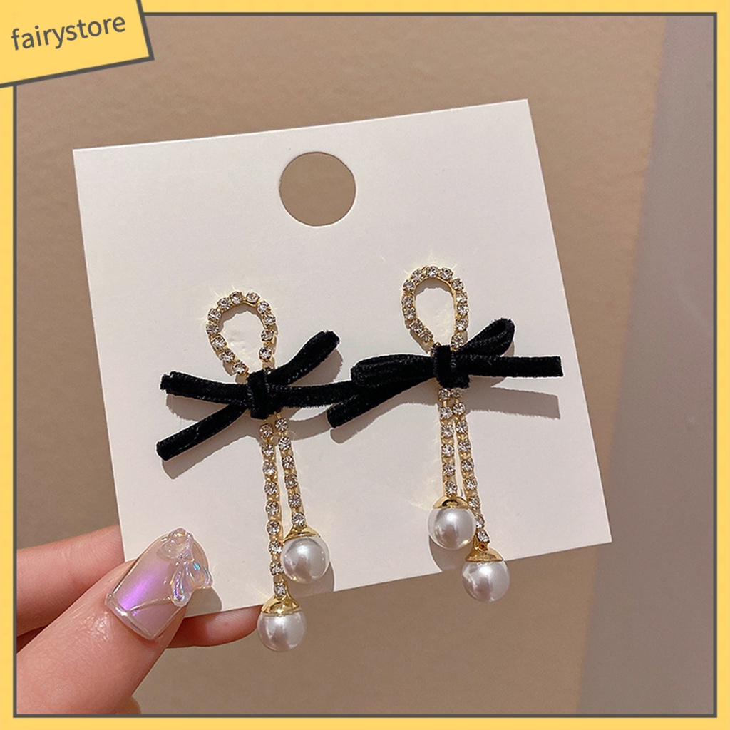 1 Đôi Bông Tai Đính Nơ Và Ngọc Trai Giả Thời Trang