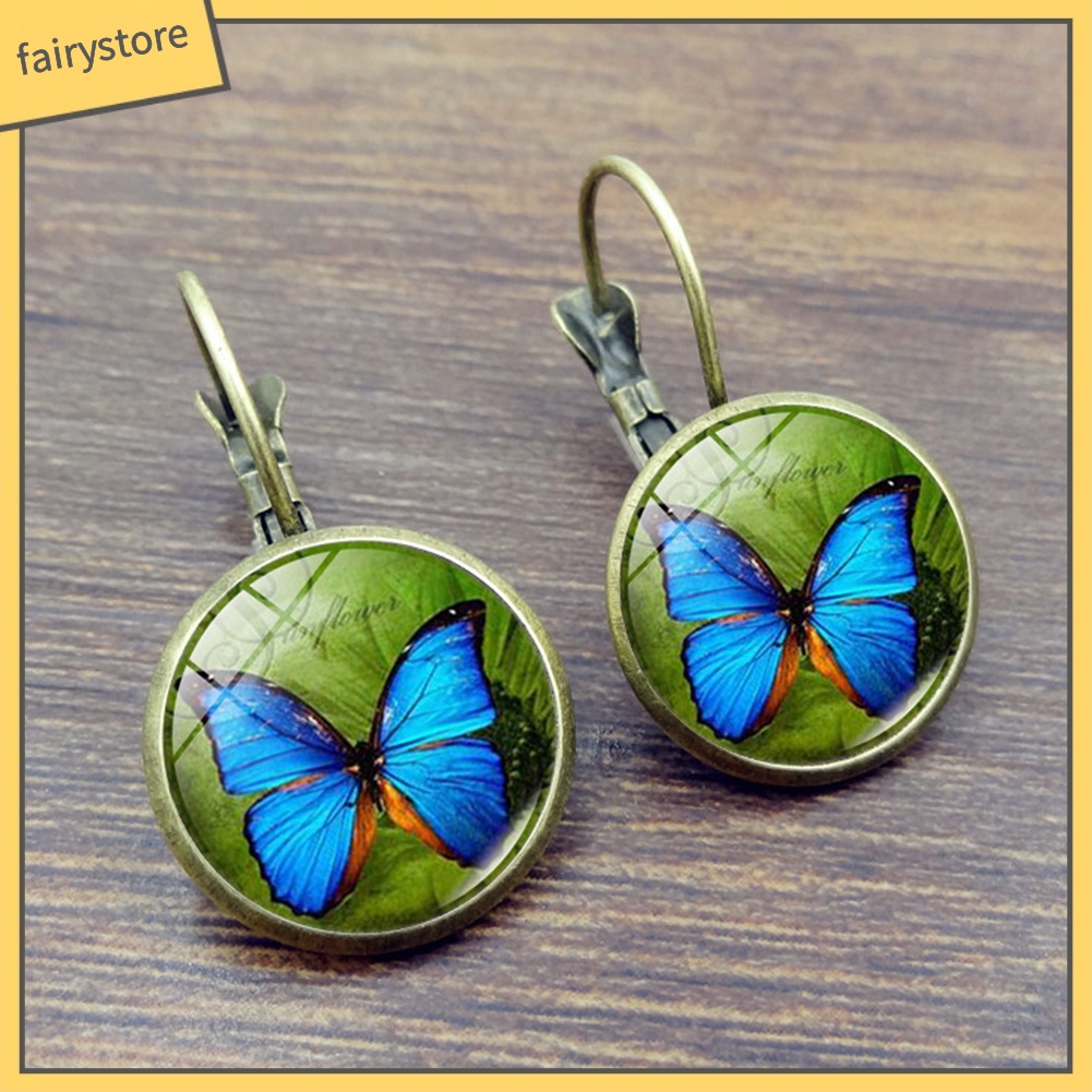 Bông Tai Tròn Mặt Kính Cabochon Hình Bướm Cổ Điển Cho Nữ