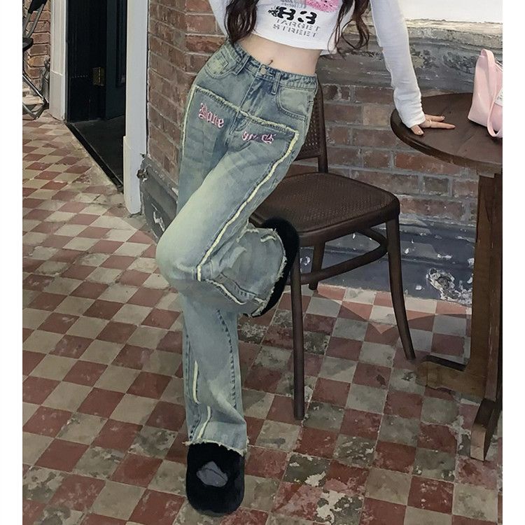 Y2k Quần Jeans Nữ Lưng Cao Ống Rộng Thêu Họa Tiết Phong Cách Hàn Quốc Dễ Phối Đồ Thời Trang Mùa Xuân