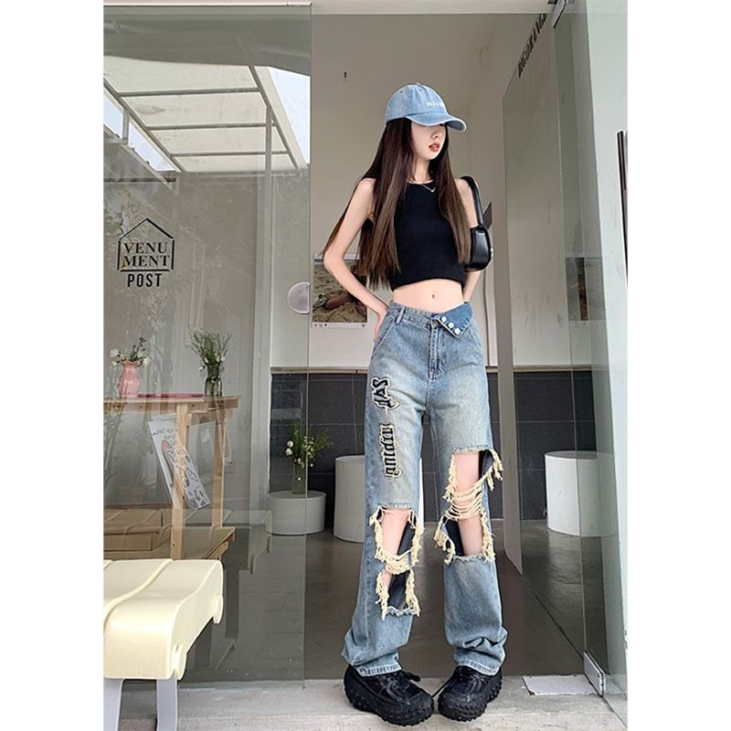 Y2k Quần Jeans Nữ Rách Dáng Suông Rộng Thêu Chữ vibe Đường Phố Mỹ Mùa Hè Cho Nữ