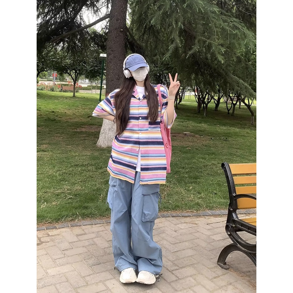 Áo Sơ Mi Ngắn Tay Họa Tiết Sọc Cầu Vồng Thời Trang Dành Cho Nam Và Nữ