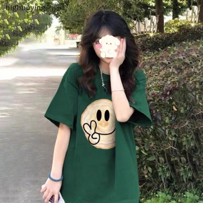 Áo Thun Tay Ngắn Cổ Tròn In Hình Mặt Cười Phong Cách Retro Cho Nữ