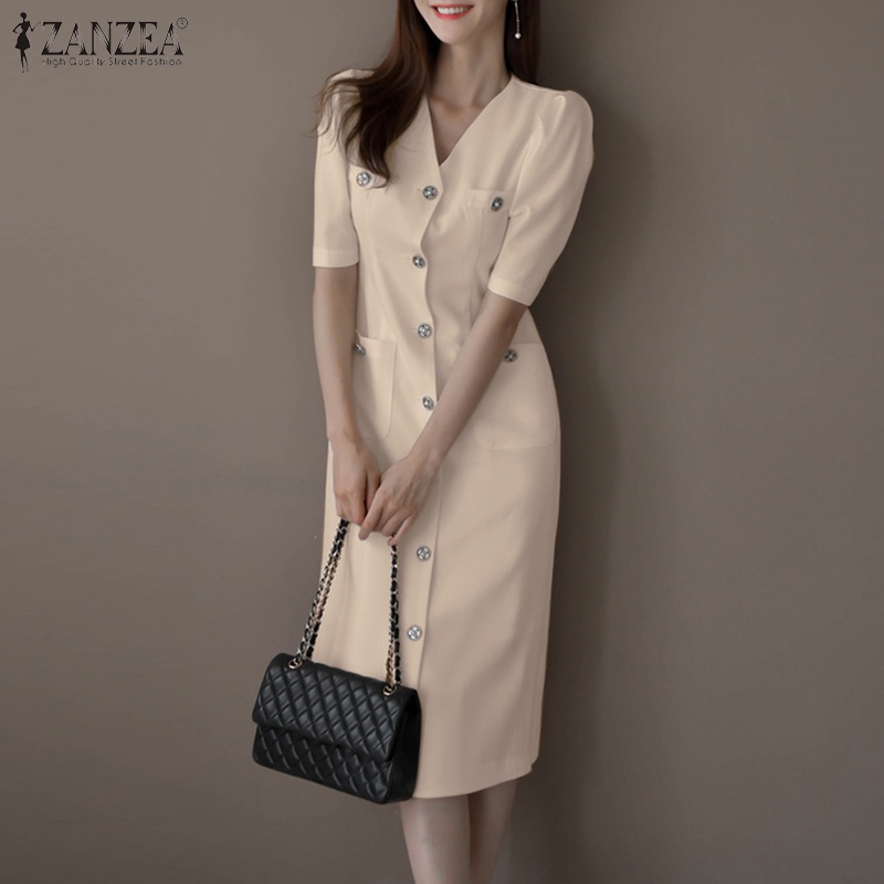 Đầm Nữ Tay Ngắn Cổ Chữ V Màu Trơn Phong Cách Hàn Quốc ZANZEA