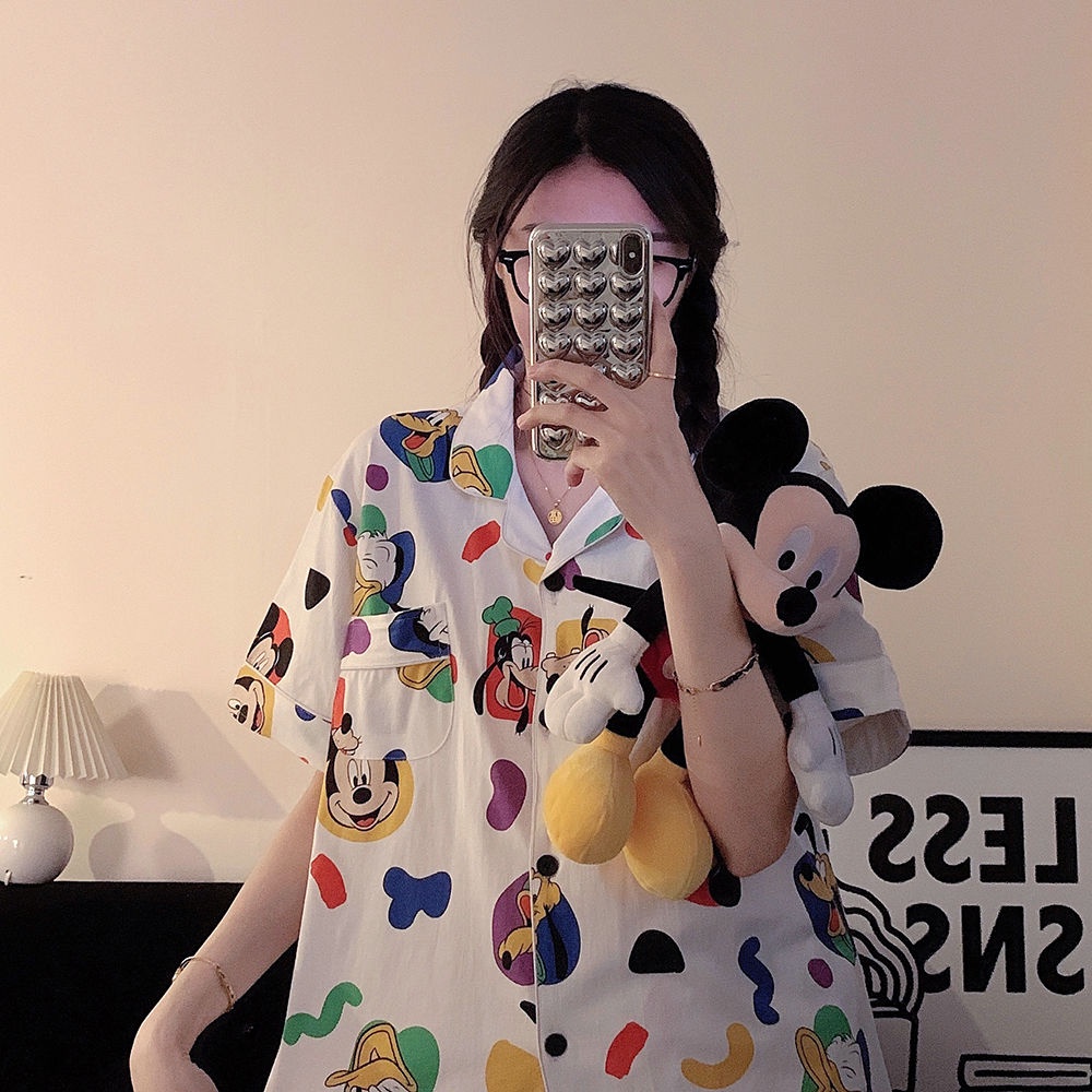 Bộ Đồ Ngủ Tay Ngắn Dáng Rộng In Họa Tiết Hoạt Hình Mickey Dễ Thương Thời Trang Mùa Hè Cho Nữ