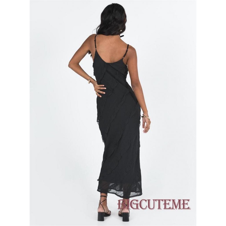 Đầm Dài Không Tay Cổ Chữ V Diềm Xếp Nếp Màu Sắc Thời Trang Mùa Hè Cho Nữ