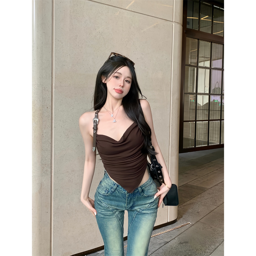 Áo Hai Dây Dáng Ngắn Xếp Ly Lệch Tà Thời Trang Mùa Hè Xinh Xắn Cho Nữ