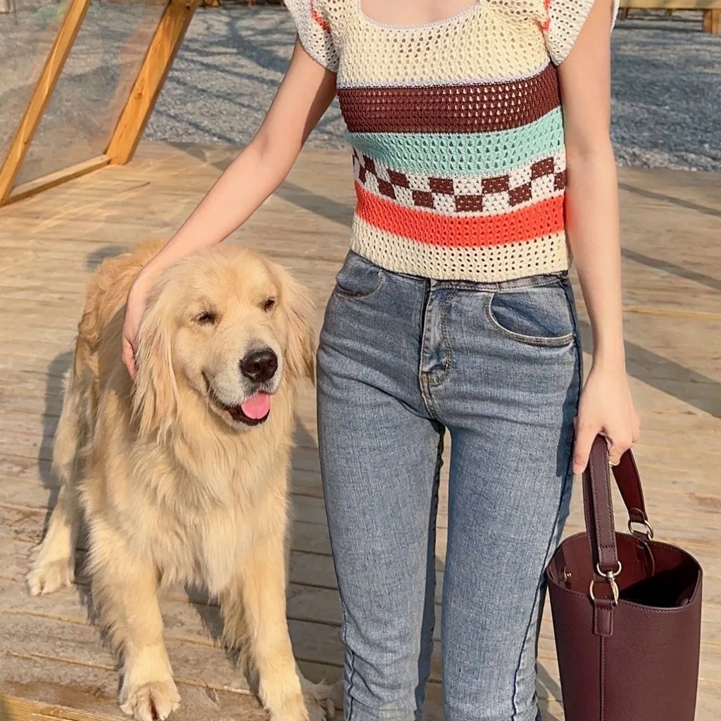 Áo Sweater Dệt Kim Cổ Vuông Tay Ngắn Phong Cách Hàn Quốc Thời Trang Mùa Hè Mới Cho Nữ