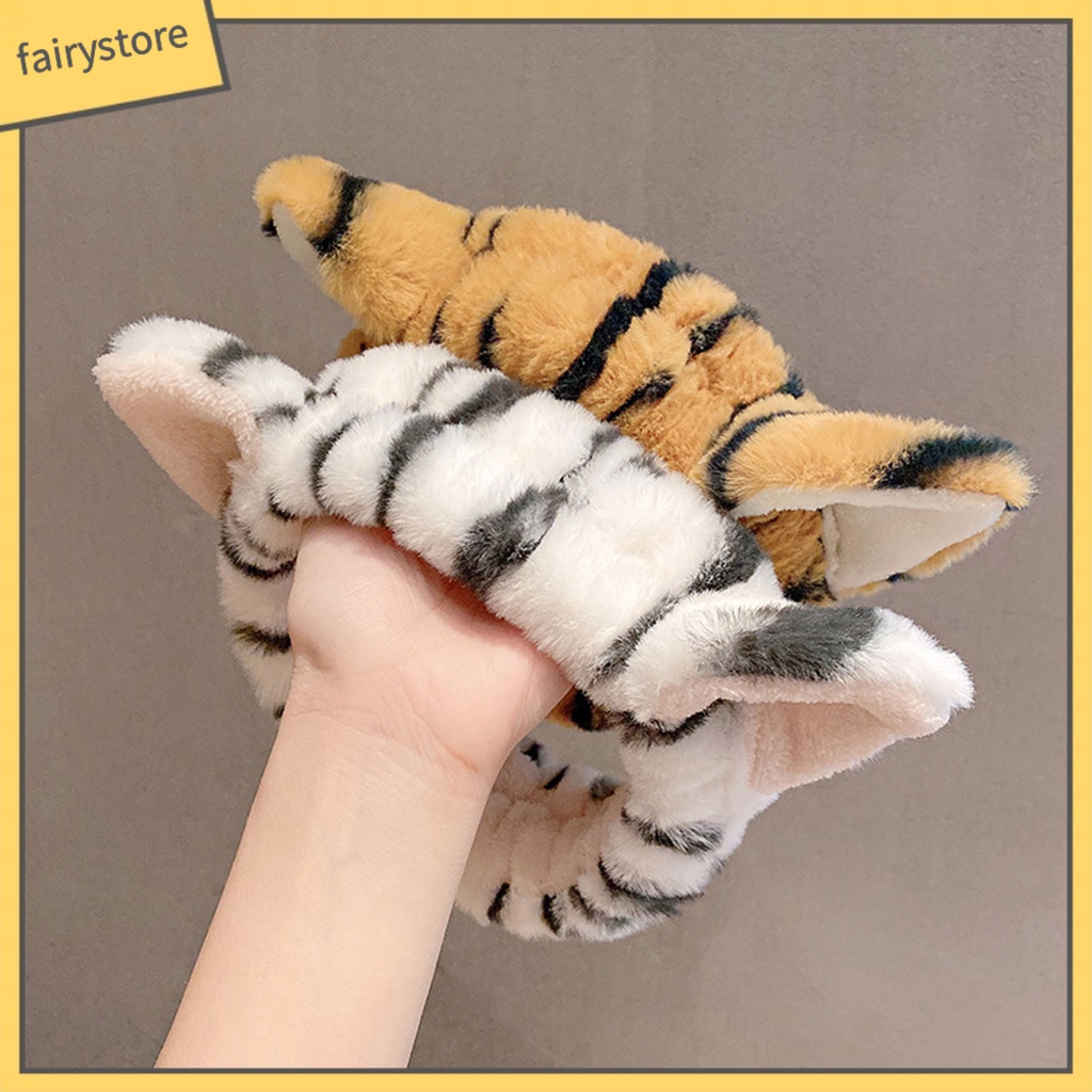 Băng Đô Cài Tóc Rửa Mặt Co Giãn Tốt In Họa Tiết Tai Hổ Hoạt Hình Cho Nữ