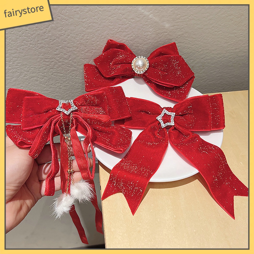 Kẹp Tóc Nơ Đính Ngọc Trai Giả Lấp Lánh Chống Trượt Trang Trí Năm Mới