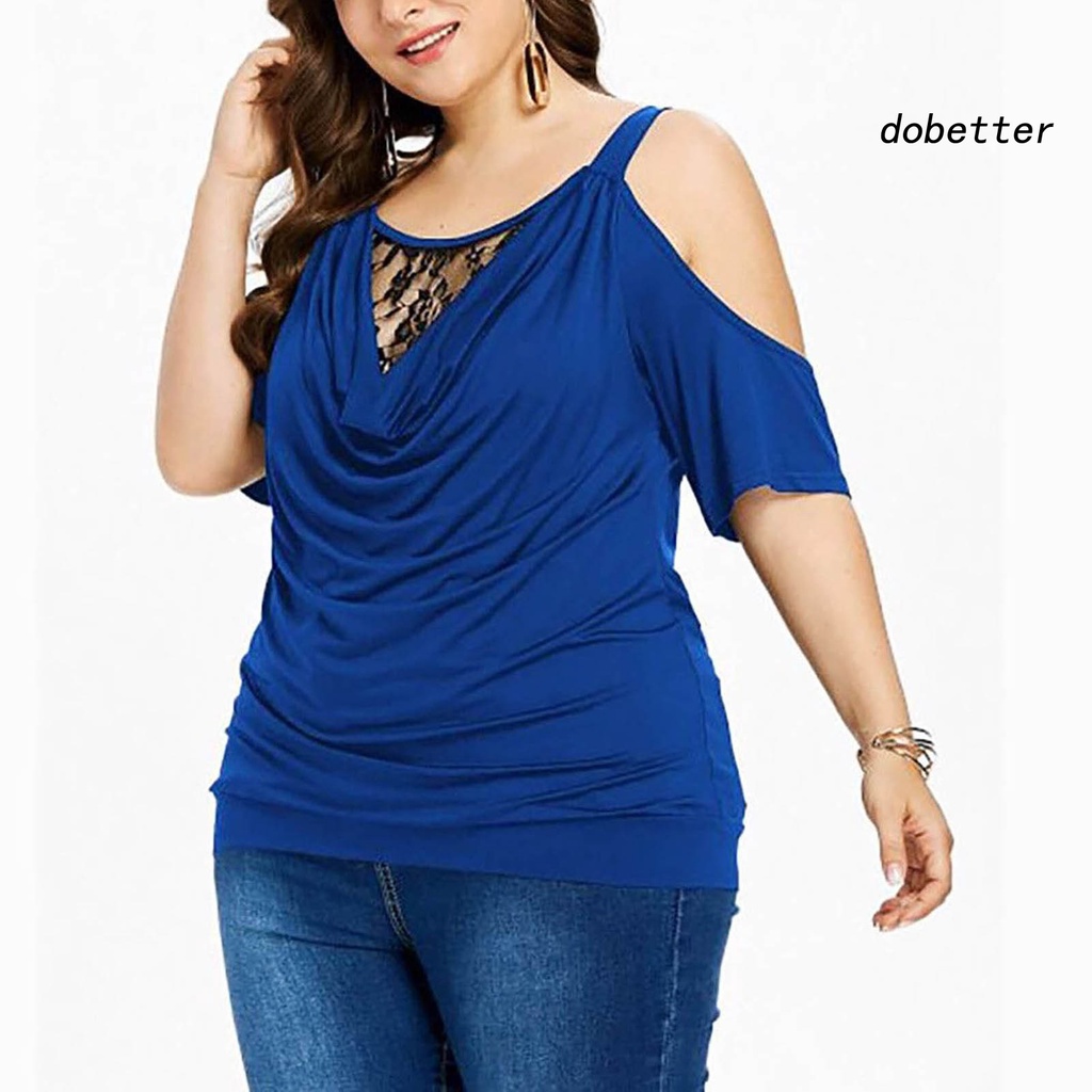 Áo Thun Tay Ngắn Cổ Tròn Màu Trơn Phối Ren Xuyên Thấu Plus Size Thời Trang Mùa Hè Cho Nữ