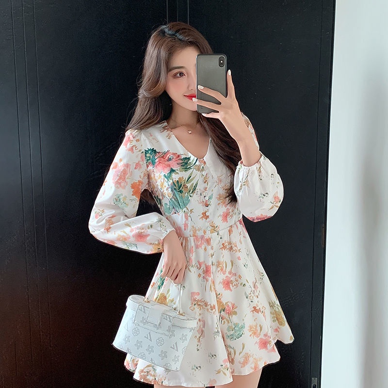 Đầm Ngắn Cổ Chữ v In Họa Tiết Hoa Phong Cách Pháp Mới 2023
