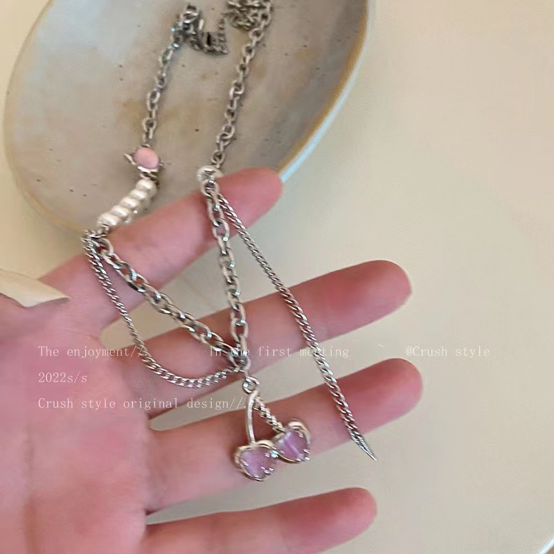 Dây Chuyền Bạc Bằng Thép Không Gỉ Mặt Quả Cherry Đính Ngọc Trai Thời Trang