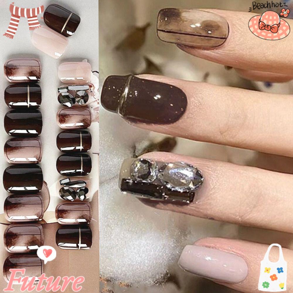 Set 24 Móng Tay Giả Màu Nâu Trang Trí Nghệ Thuật|Đầm Nữ Phong Cách Thời Trang Pháp Cá Tính