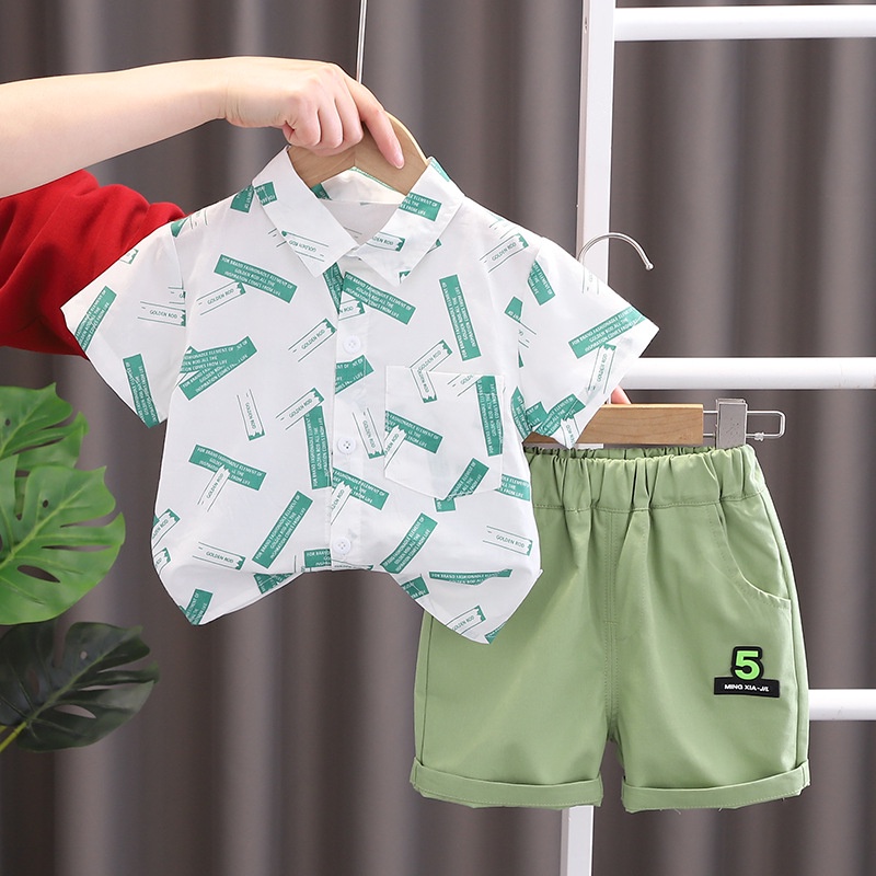Set Đồ Mùa Hè 2023 Hàn Quốc Gồm Áo Sơ Mi Cotton Tay Cộc + Quần Dài Cho Bé Trai