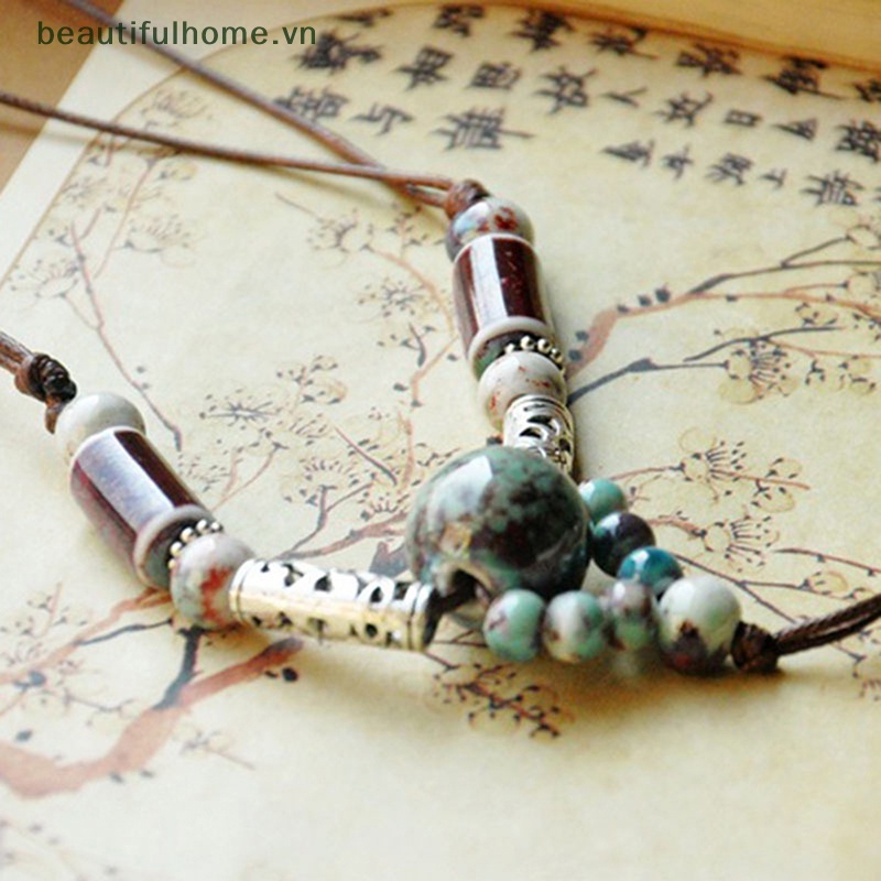 [beautifulhome] Dây Chuyền Dáng Dài Đính Hạt Gốm Sứ Handmade Truyền Thống Thời Trang Retro Trang Sức Thanh Lịch [beauty]