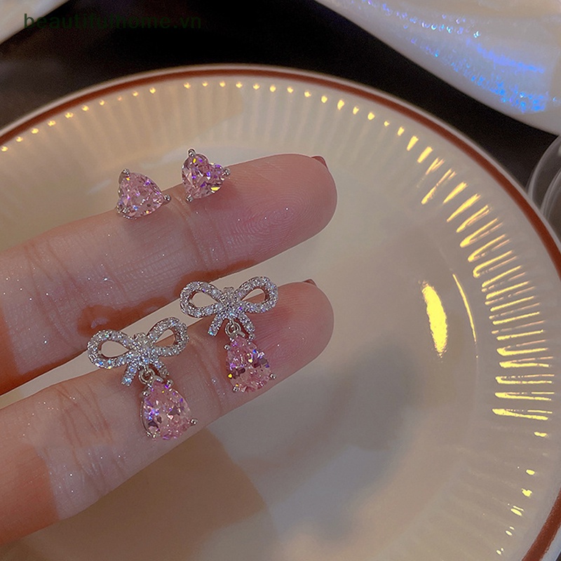 Set 1 / 2 Đôi Bông Tai Đính Đá Zircon Hồng Hình Giọt Nước Thanh Lịch Cho Nữ