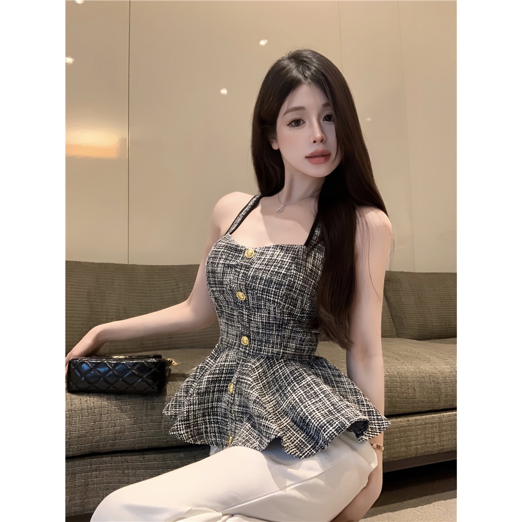 Áo Hai Dây Vải Tweed Dáng Ôm Thời Trang Mùa Hè Quyến Rũ Cho Nữ