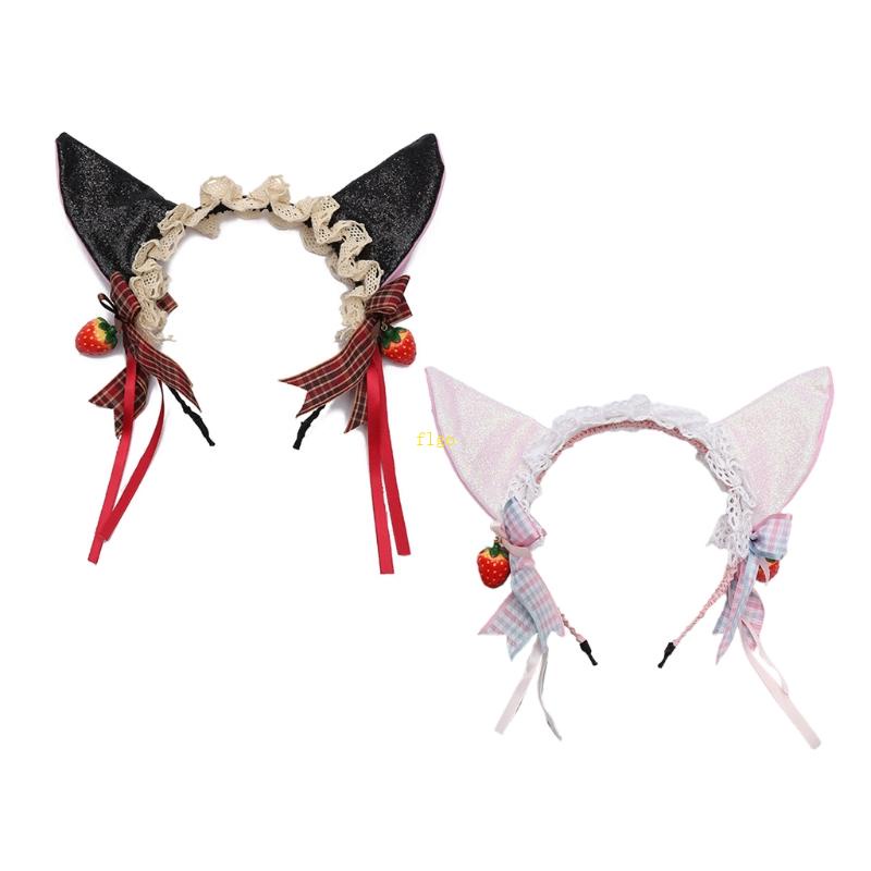 Băng Đô Cài Tóc Hóa Trang Phối Bèo Và Ren Đính Quả Dâu Tây Lấp Lánh Dành Cho Mèo Cưng