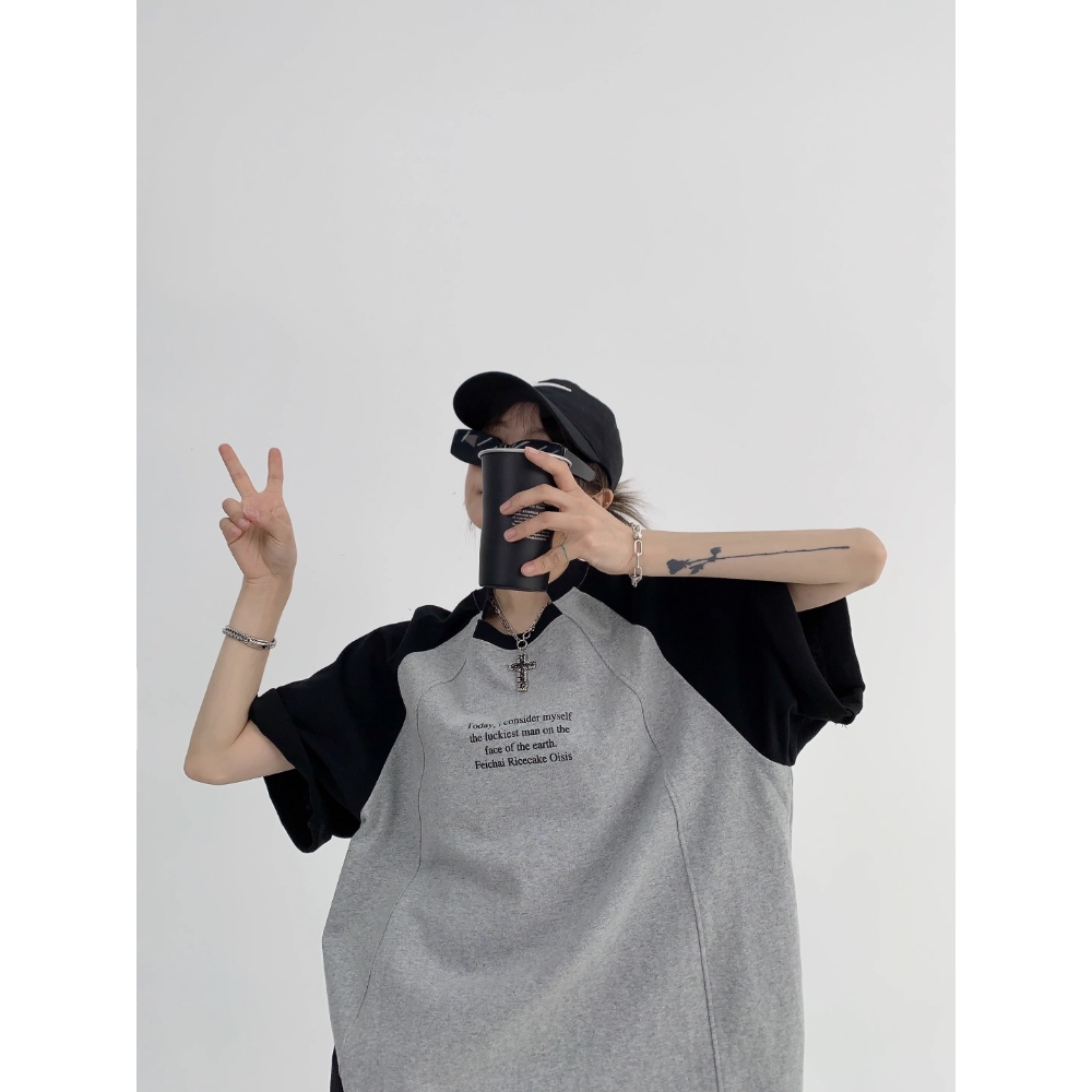 Áo Thun Raglan Tay Ngắn Dáng Rộng Màu Sắc Tương Phản Phong Cách Retro Dành Cho Nữ