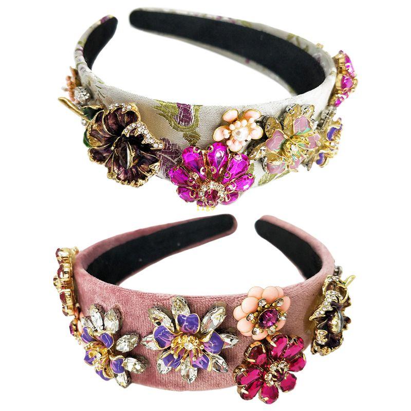 Flgo Băng Đô Cài Tóc Bằng Nhung Đính Hoa Kim Loại Tráng Men Phong Cách Baroque Hàn Quốc Cho Cô Dâu