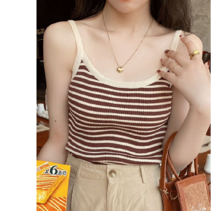 Áo Hai Dây Dệt Kim Ôm Dáng Họa Tiết Kẻ Sọc Phong Cách Pháp Thời Trang Cho Nữ