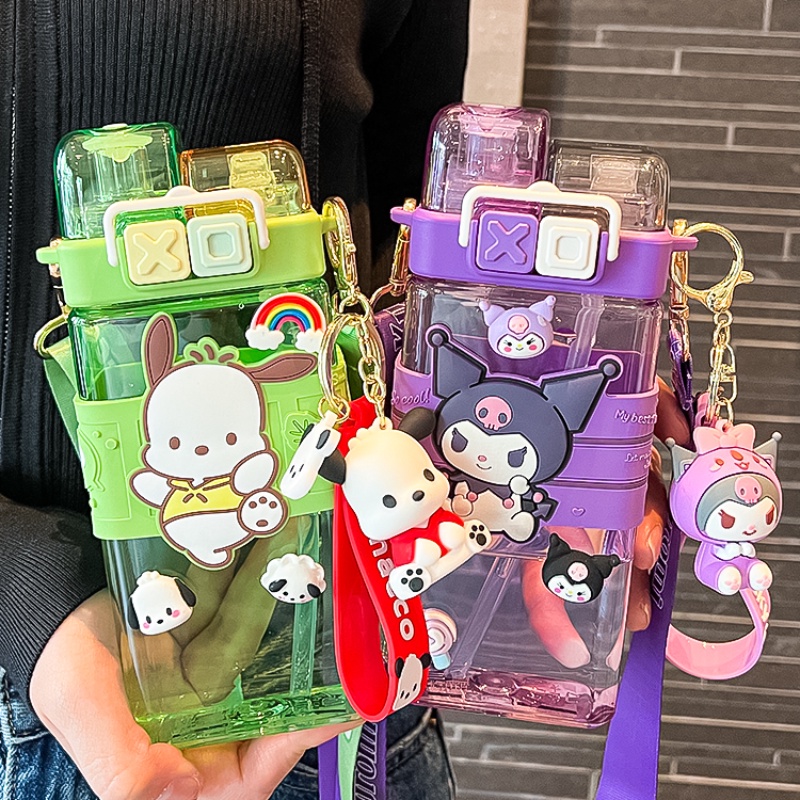 Bình Nước 520ml Sanrio Kèm Ống Hút Họa Tiết Hoạt Hình Dễ Thương
